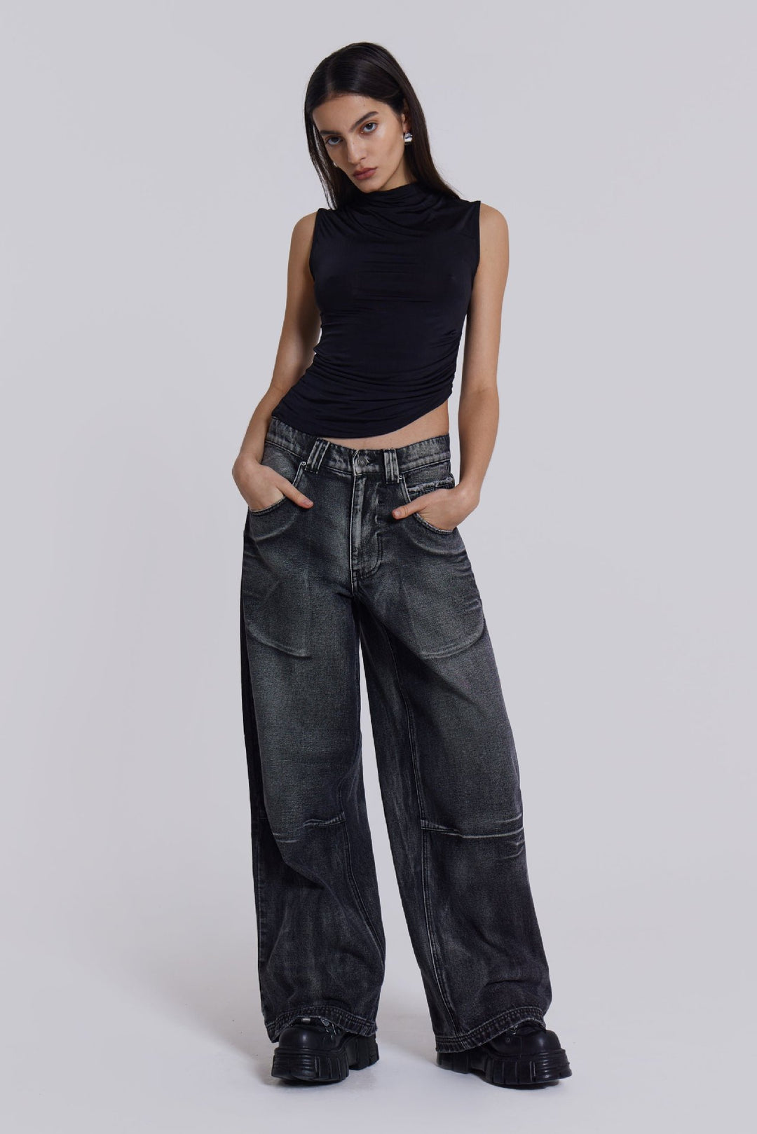 Washed & Distressed Wide-Leg Jeans with Gradient Wing Print