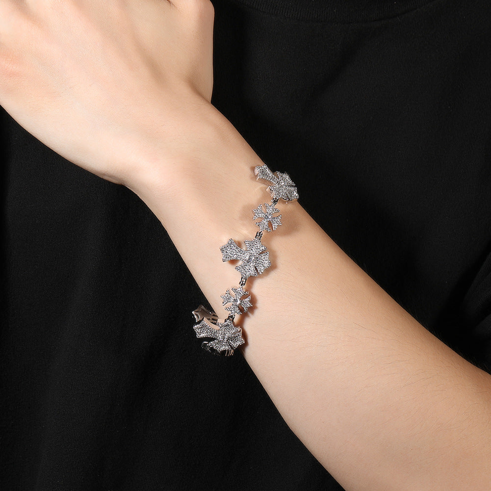 Hip-Hop Snowflake & Cross Bracelet with Rhinestone Accents