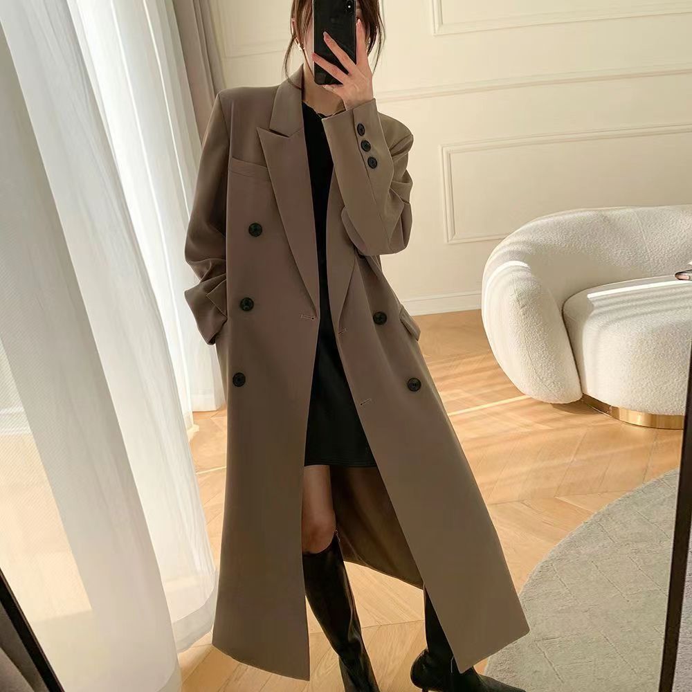 Double-breasted suit collar long coat