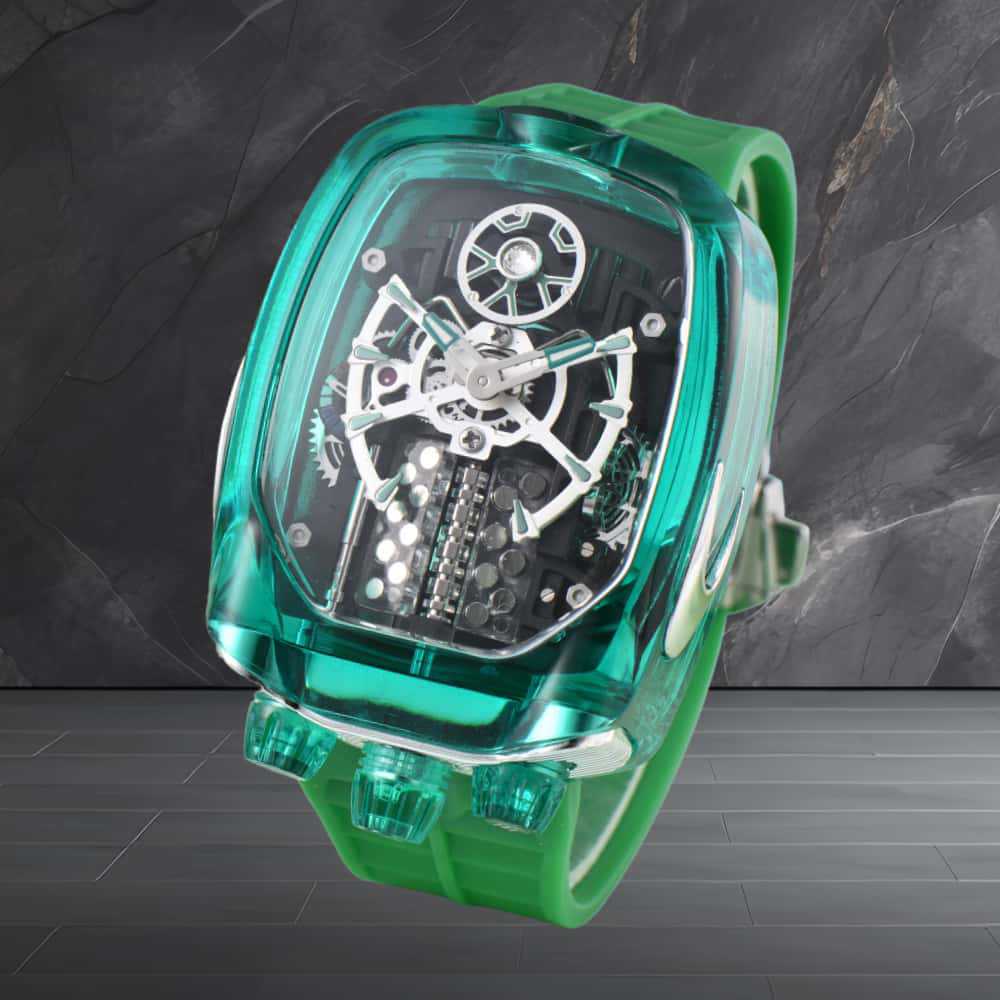 W16 Engine-Style Watch with Sparkling Transparent Crystal Case