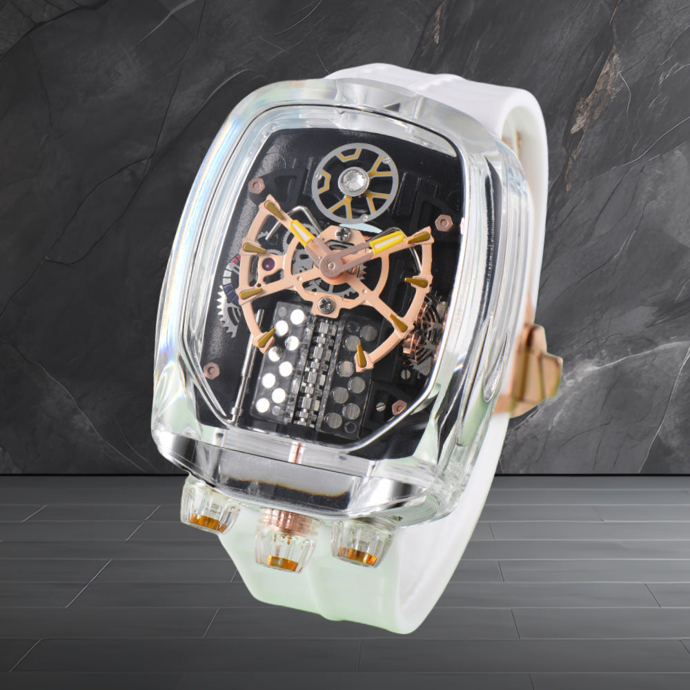W16 Engine-Style Watch with Sparkling Transparent Crystal Case