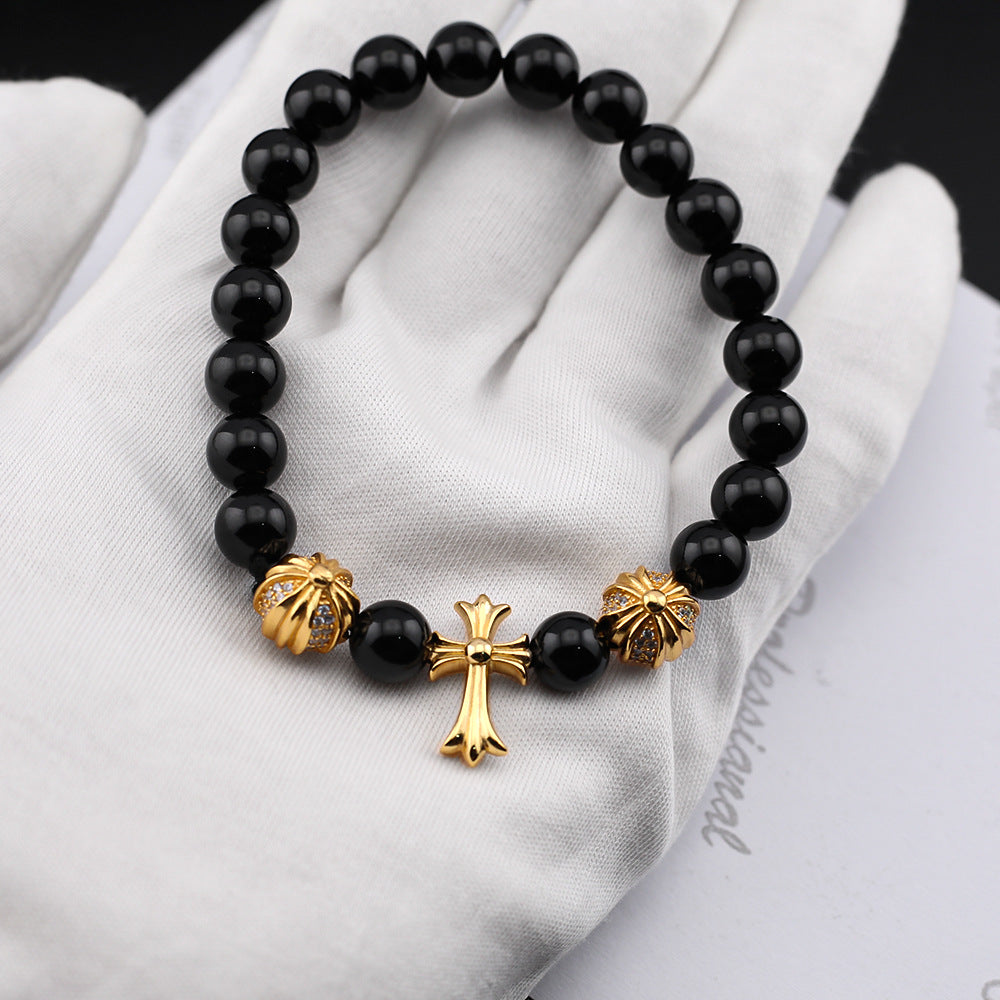 chrome hearts 24k gold cross obsidian white shell bracelet