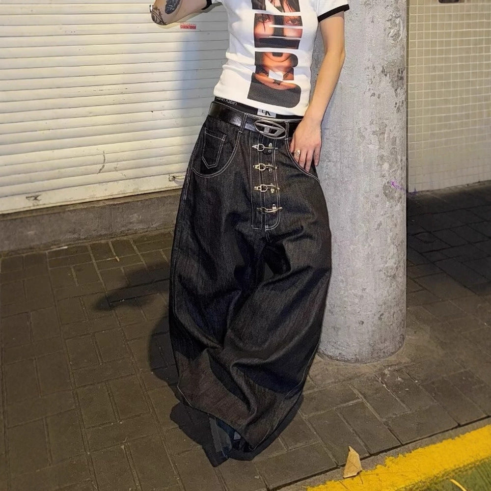 "Aircraft Buckle" Raw-Hem Curved-Leg Jeans