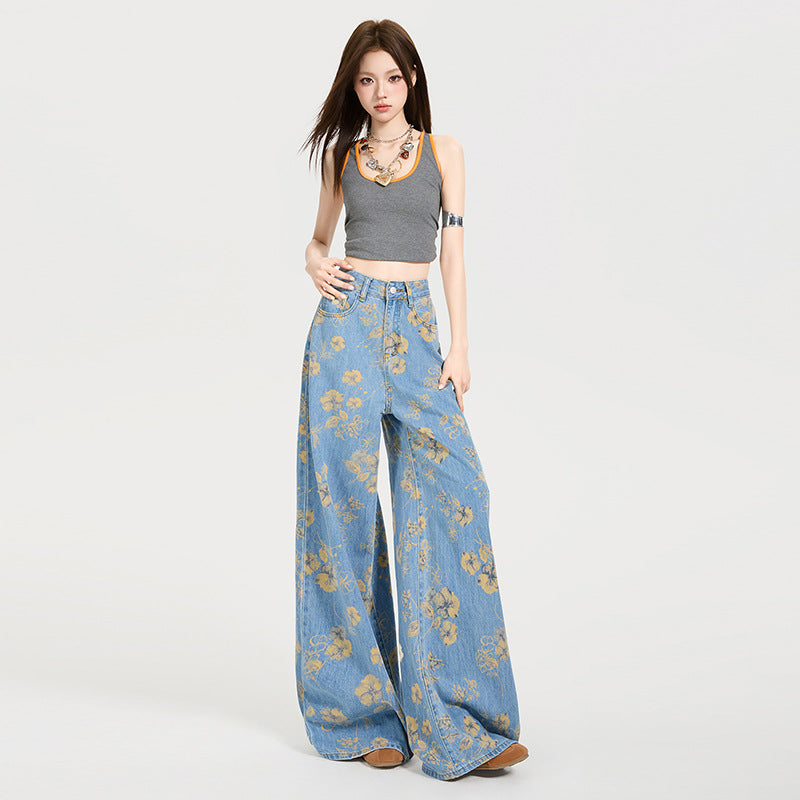 Y2K Floral Print Loose-Fit Flared Denim Trousers