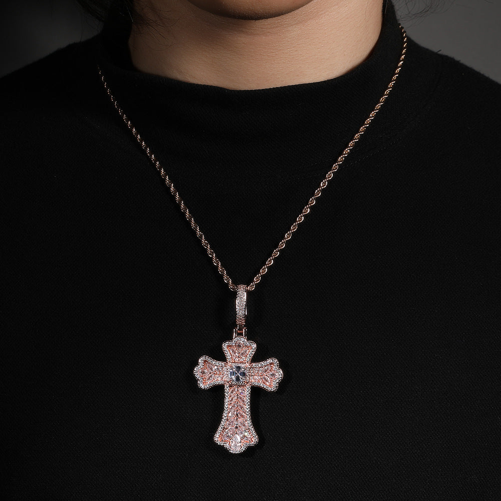 Hip-hop full diamond colorful wheat ear cross pendant