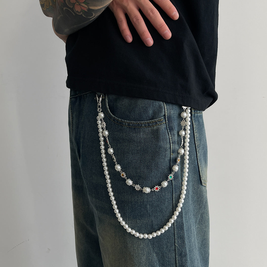 Pearl, Multi-Gemstone, Cross & Floral Pant Chain