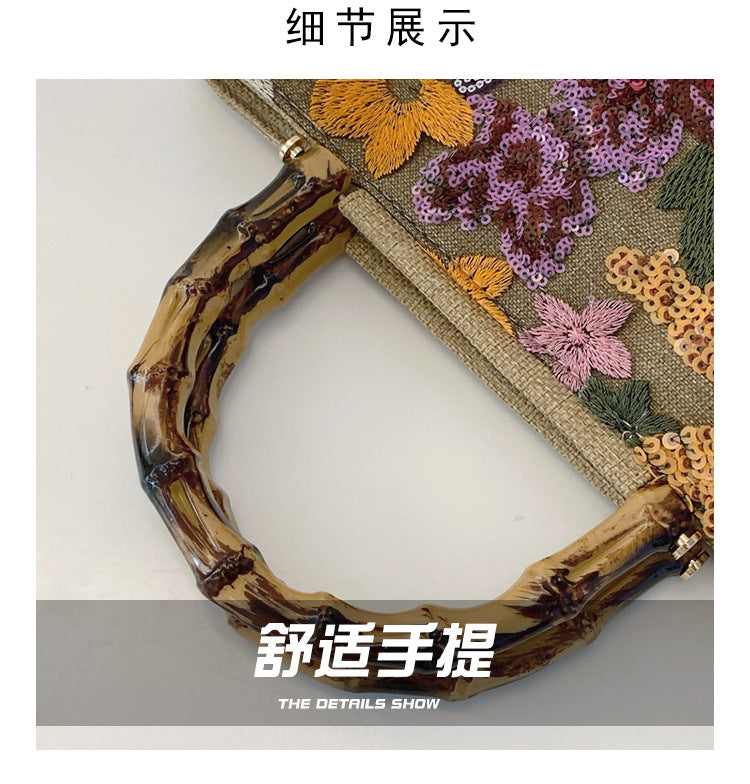 Embroidered sequins linen bamboo handle tote bag