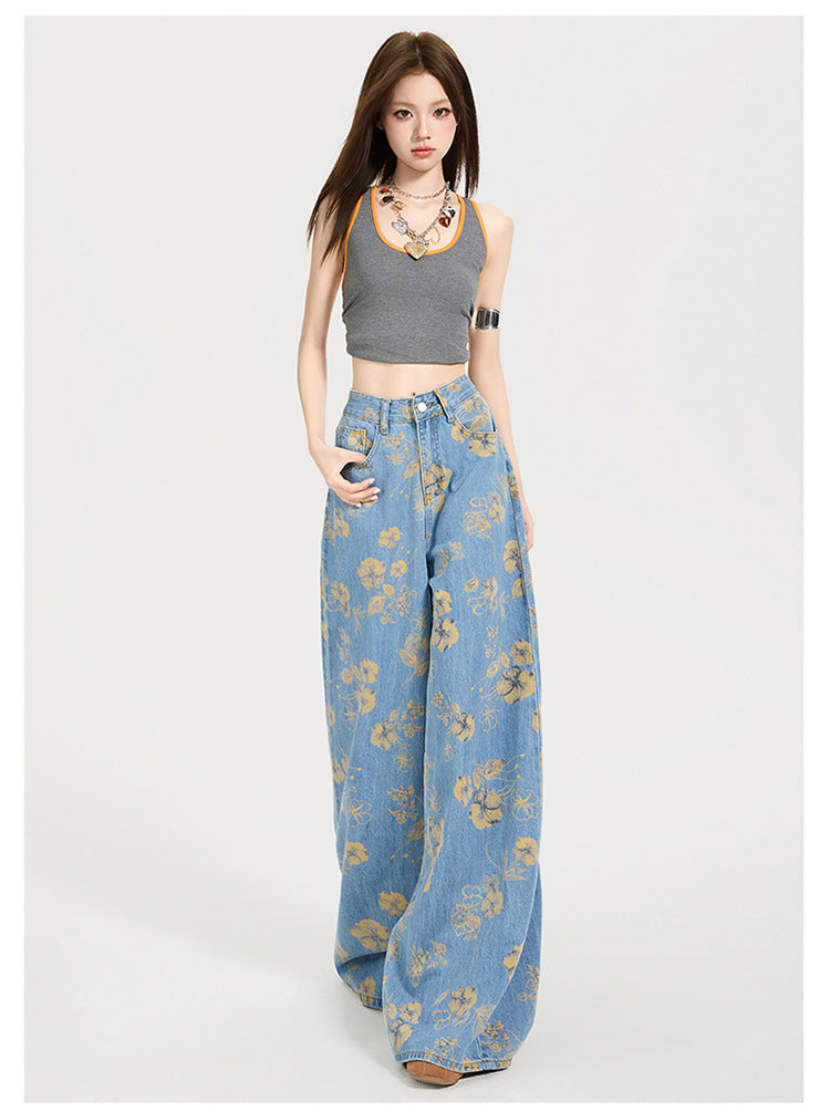 Y2K Floral Print Loose-Fit Flared Denim Trousers