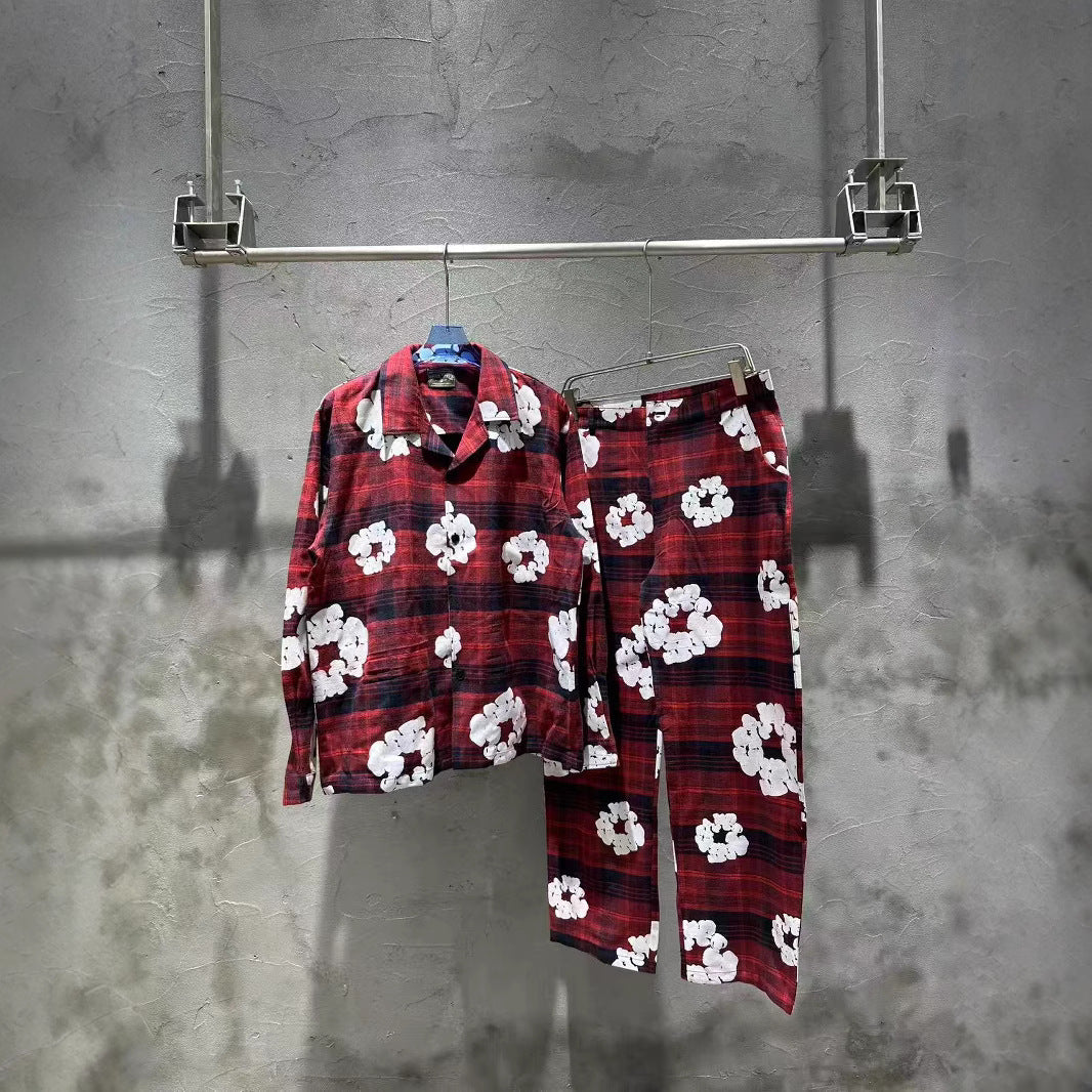 Kapok flower foam print plaid shirt set