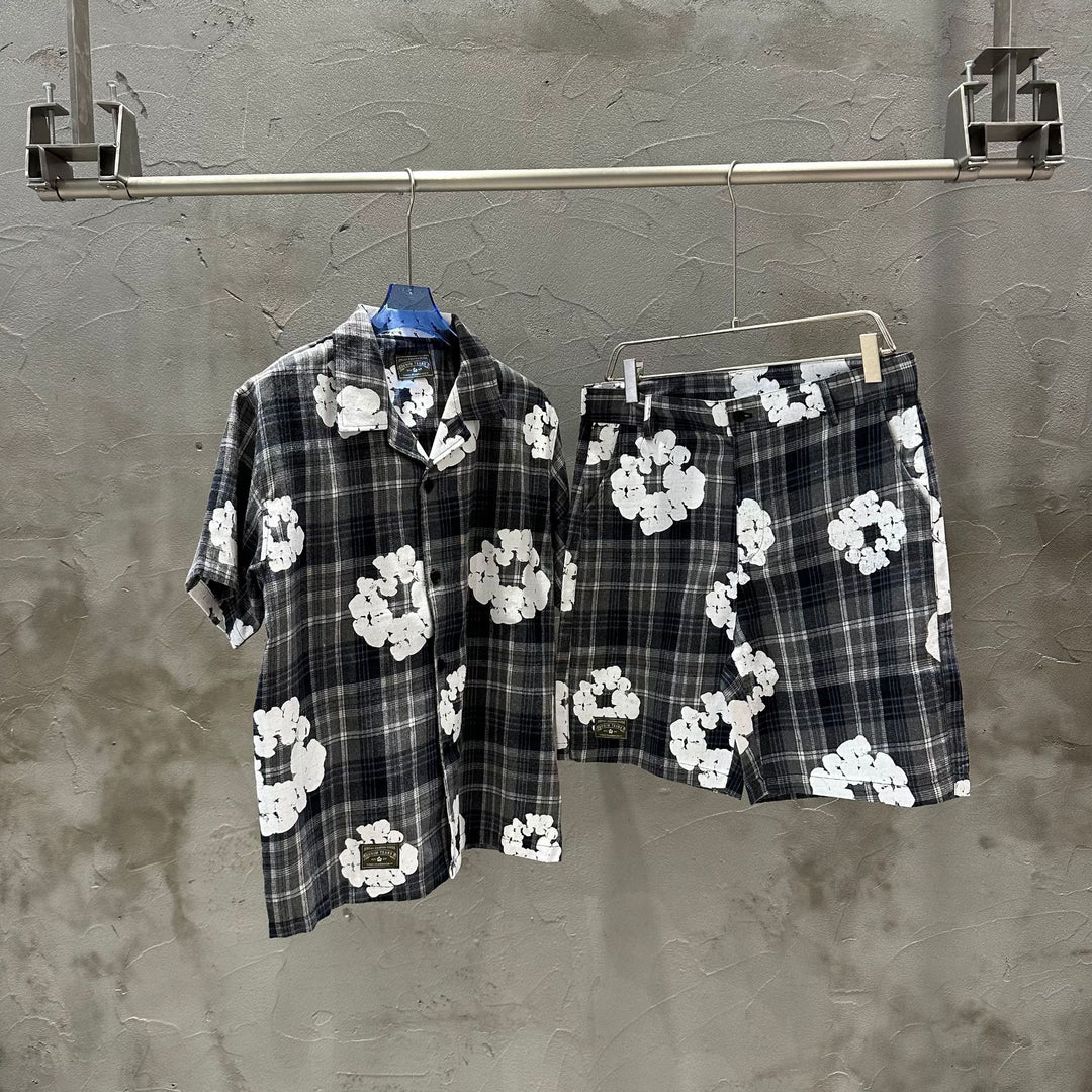 All-over print plaid short-sleeved shirt and shorts set