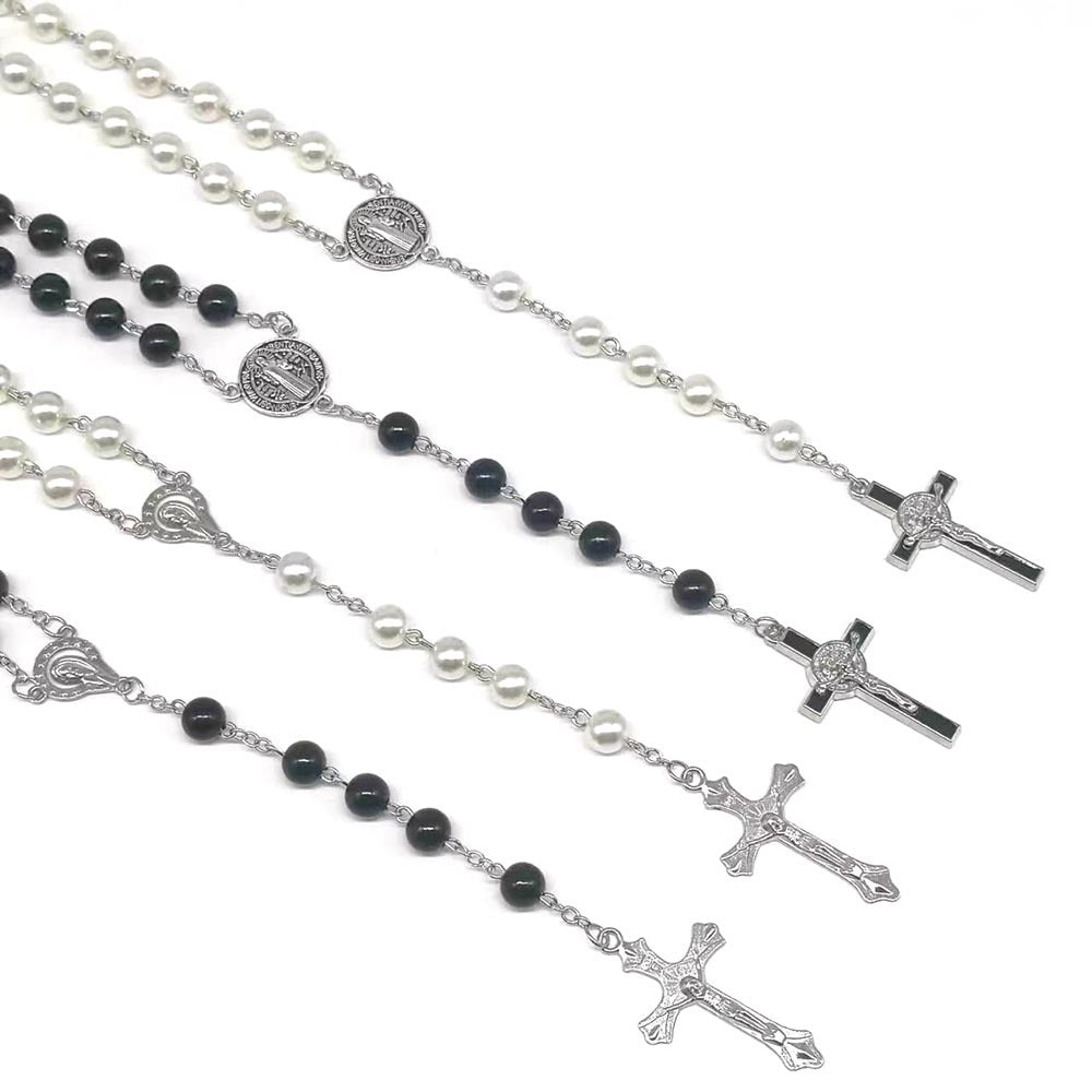 rosary necklace black and white round beads