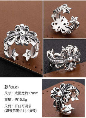 S925 sterling silver chrome hearts cross flower retro open ring