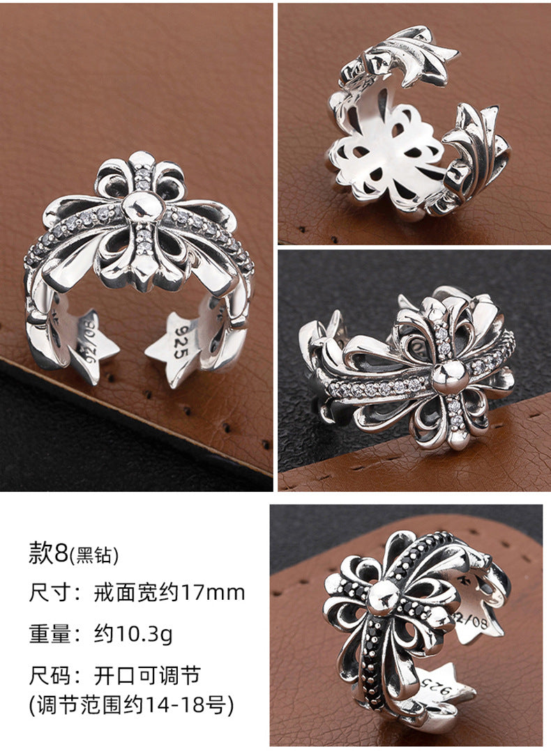 S925 sterling silver chrome hearts cross flower retro open ring