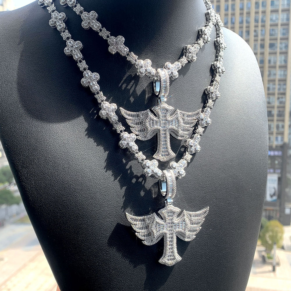 Hip Hop Winged Cross Zirconia Pendant Necklace