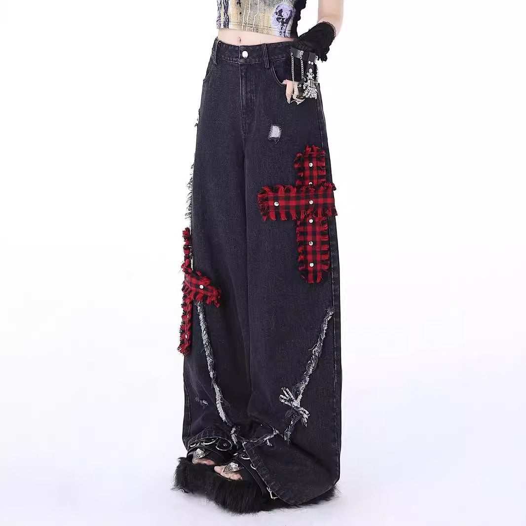 Rock-Punk Distressed Straight-Leg Wide-Leg Jeans