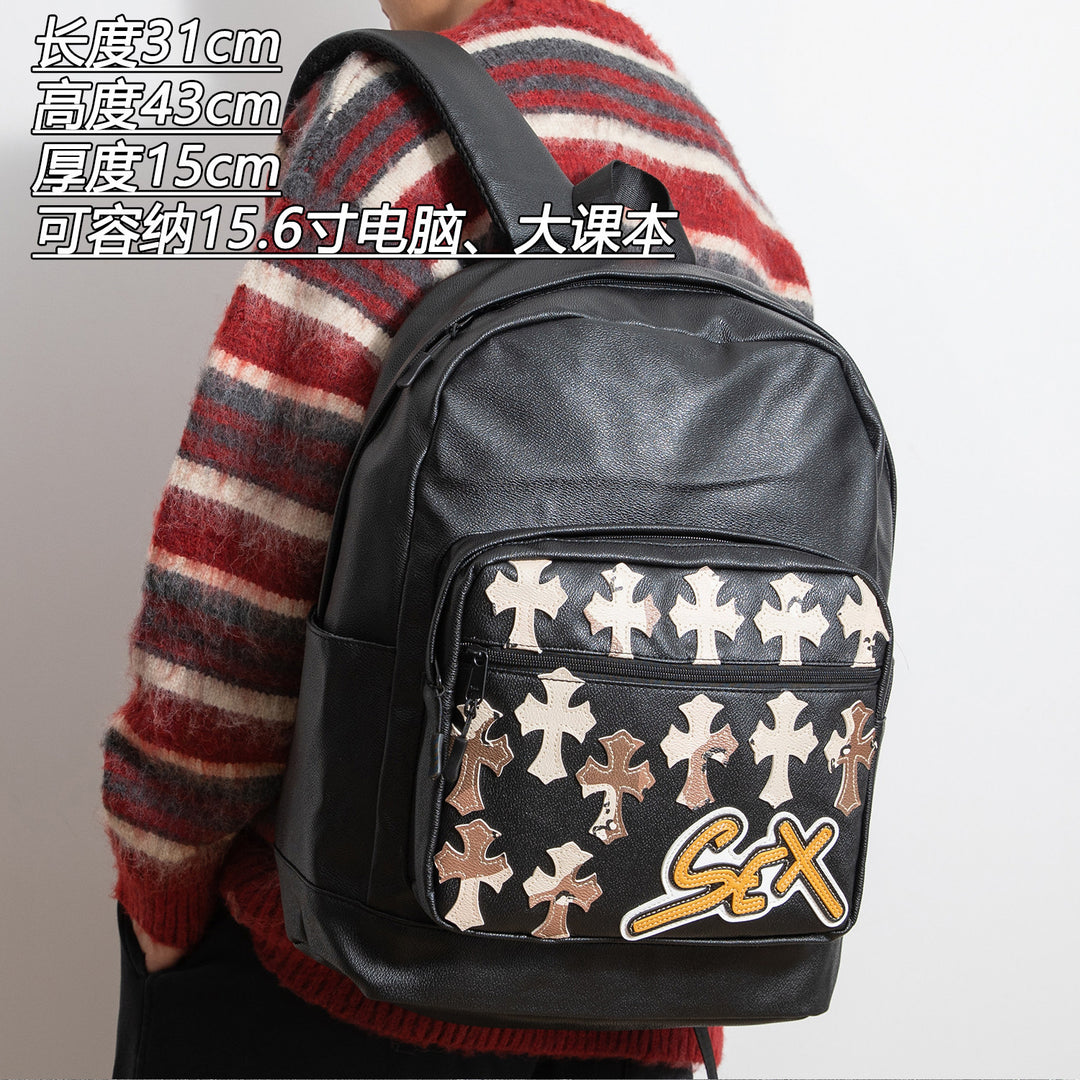 Chrome Hearts Cross PU Leather Student Backpack