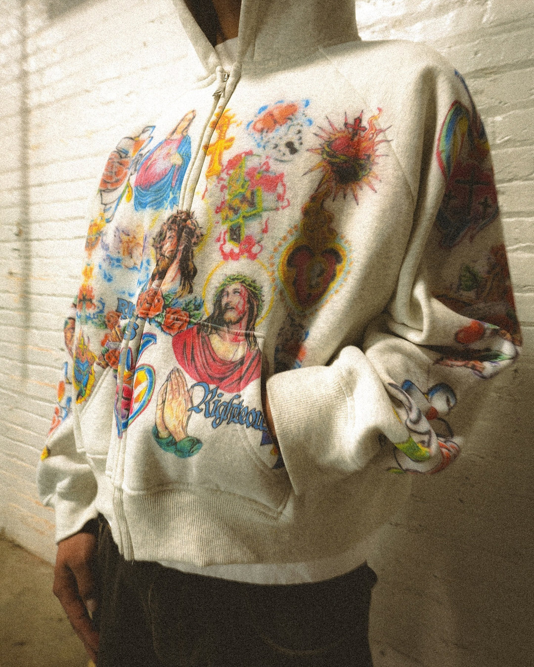 RIGHTEOUS Jesus Cross Cartoon Hooded Zip-up Sweatshirt