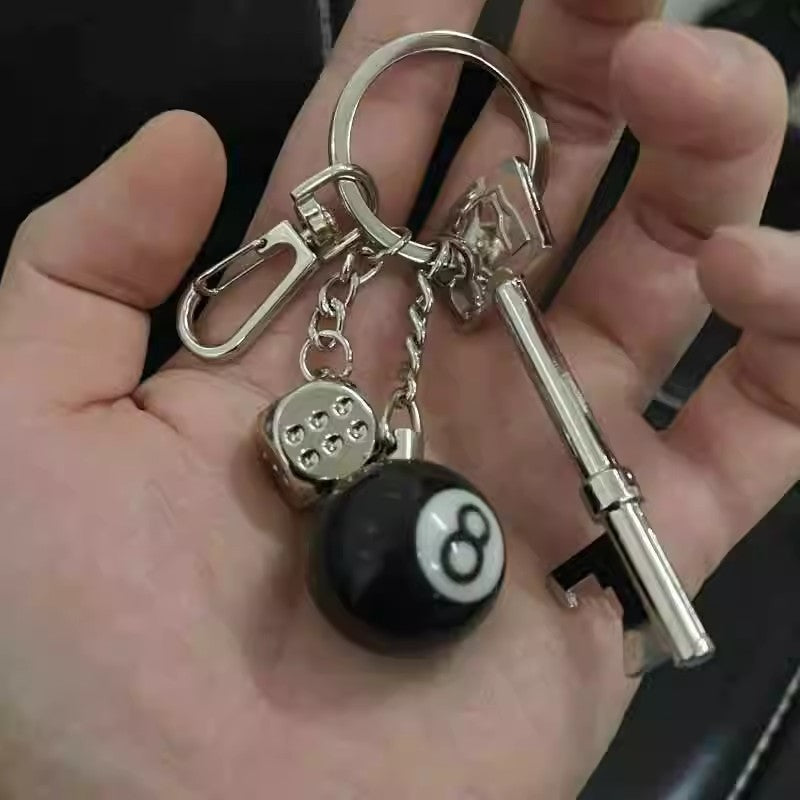 Solid "Black 8" & Silver Dice Keychain