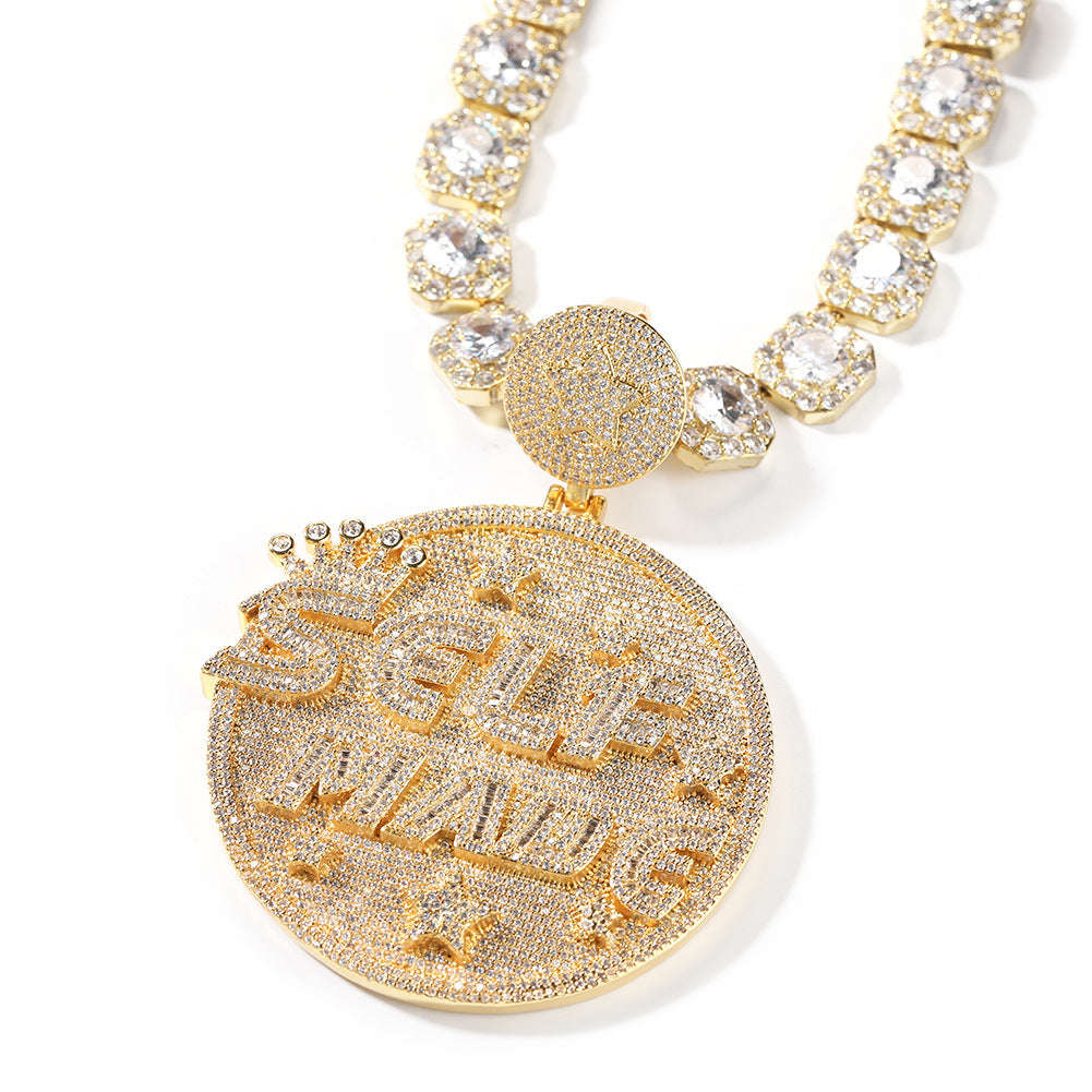 Self made hip-hop large diamond-encrusted disc necklace