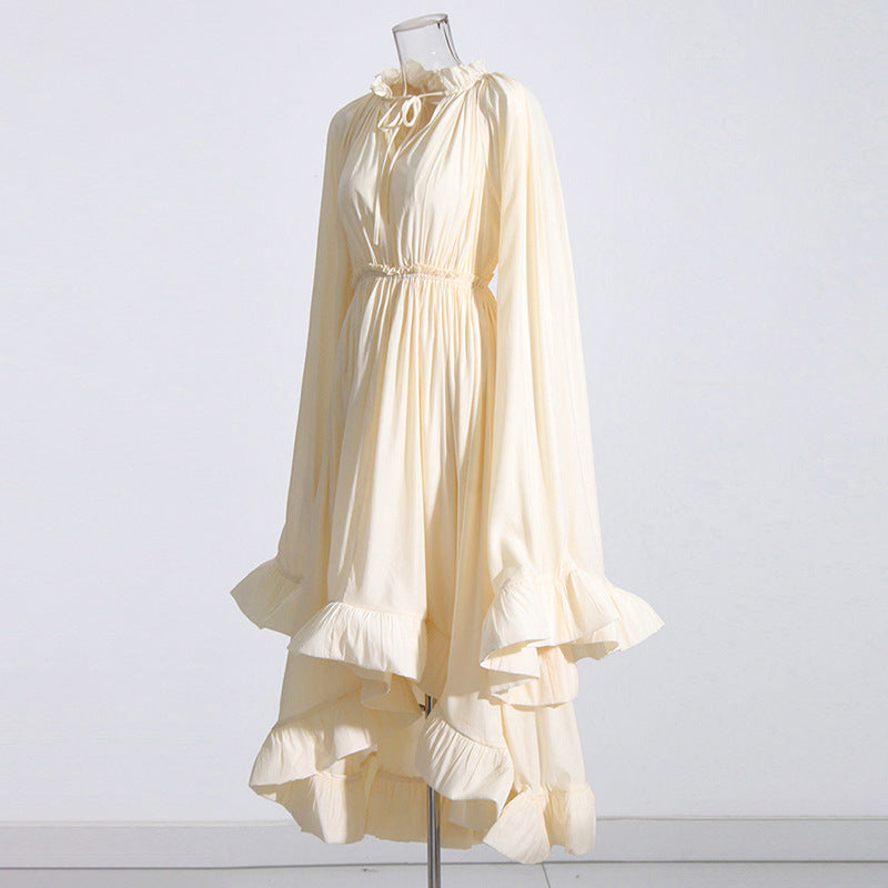 French Palace Style V-Neck Long Sleeve Shawl Pleated Ruffle Dress