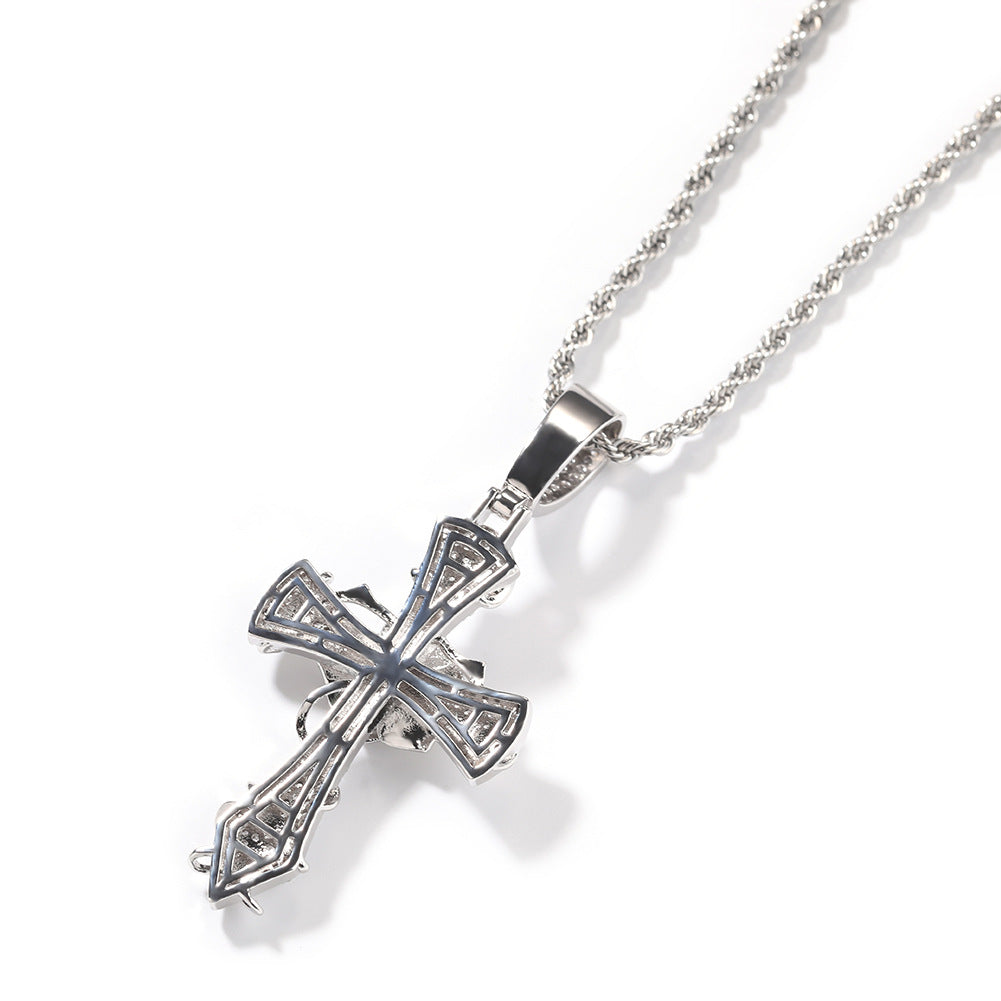 Hip-hop rose cross necklace with 5A zircon inlay