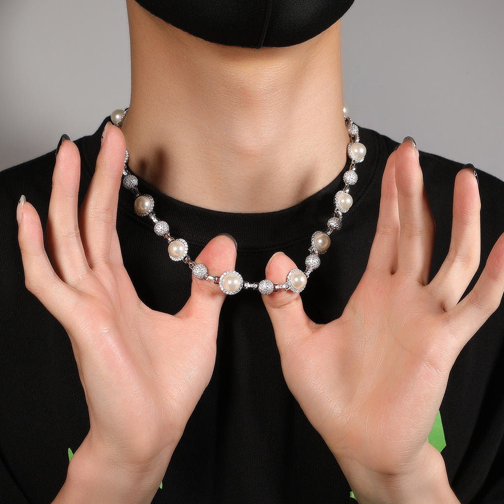 Hip-Hop Silver Pearl Necklace with Diamond Accents