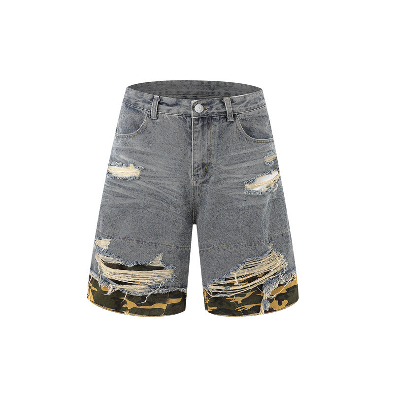 Raw-Hem Leopard-Print Patchwork Denim Shirt & Shorts Set