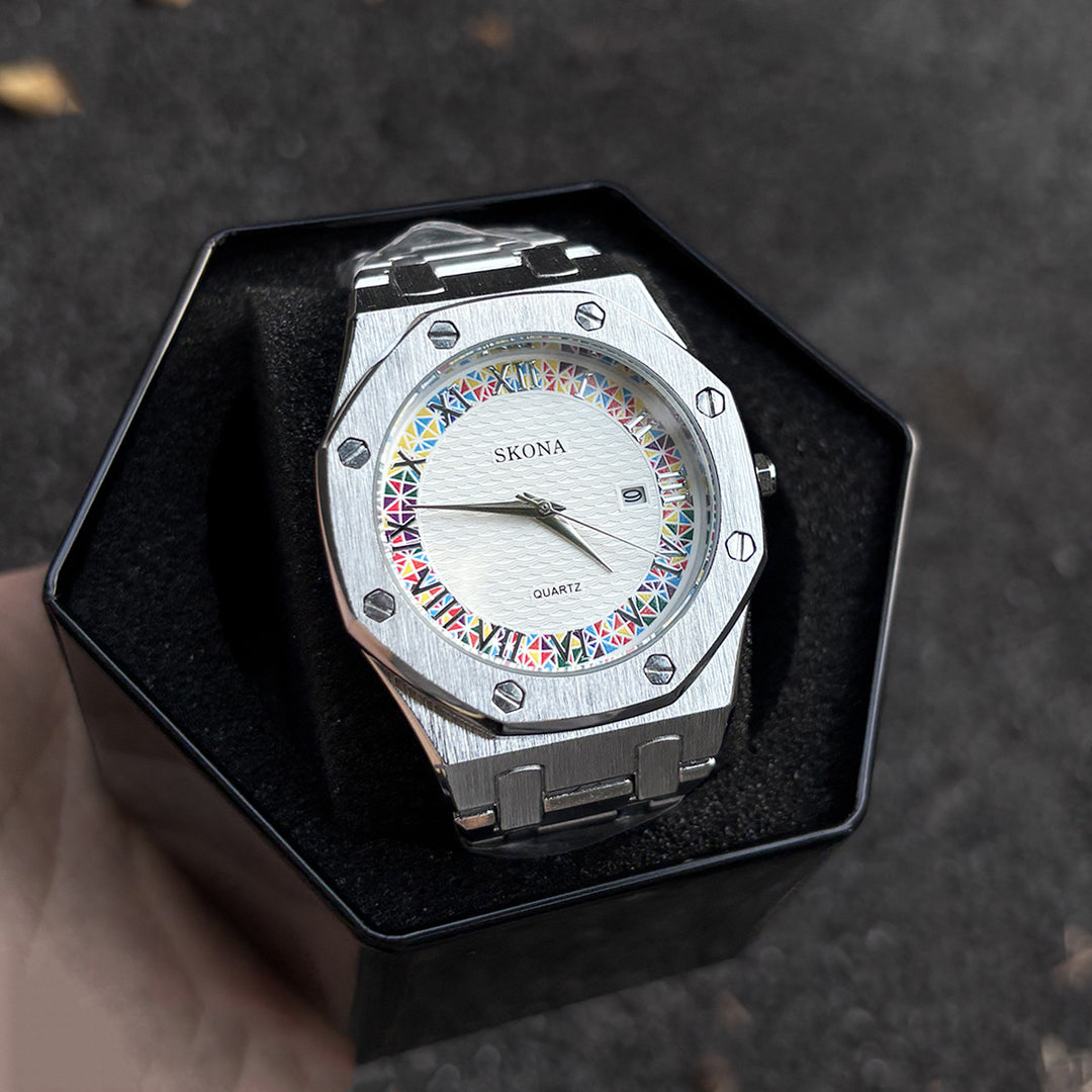 Stainless Steel Watch with Octagonal Bezel and Rainbow Roman Numerals