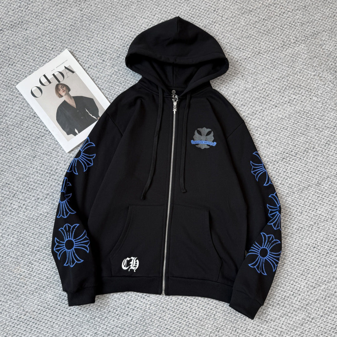 Chrome Hearts blue horseshoe hooded zip-up jacket
