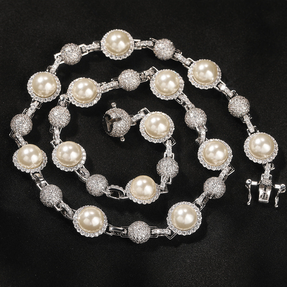 Hip-Hop Silver Pearl Necklace with Diamond Accents