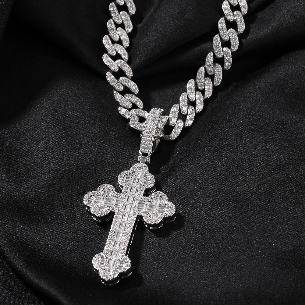 Hip-hop large diamond-encrusted cloud cross pendant