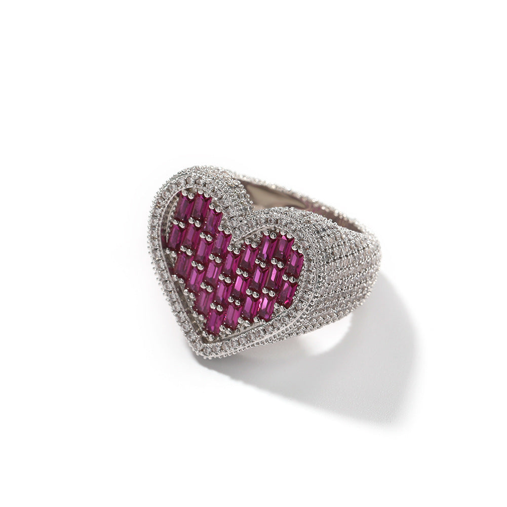 Hip-Hop T-Square & Heart-Shaped Zirconia Ring