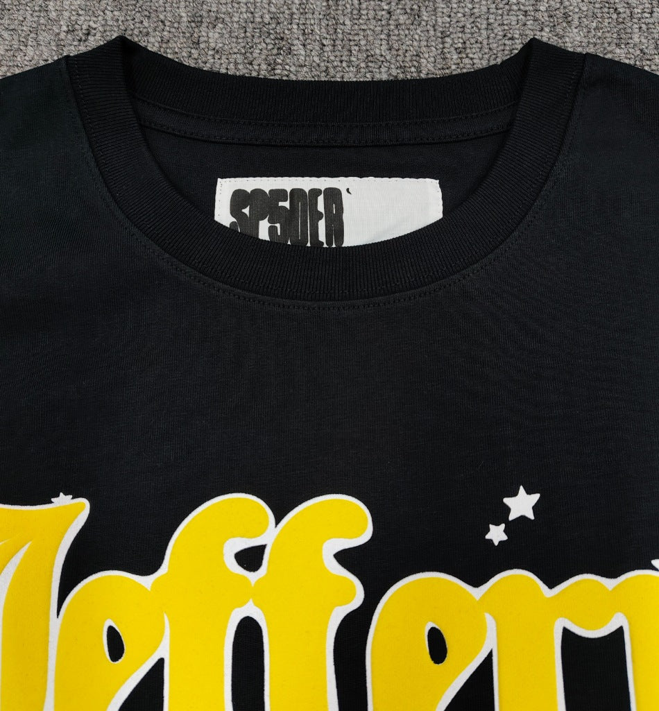 Hip-hop SP5der loose-fitting spider web T-shirt with lettering