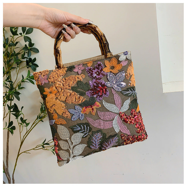 Embroidered sequins linen bamboo handle tote bag