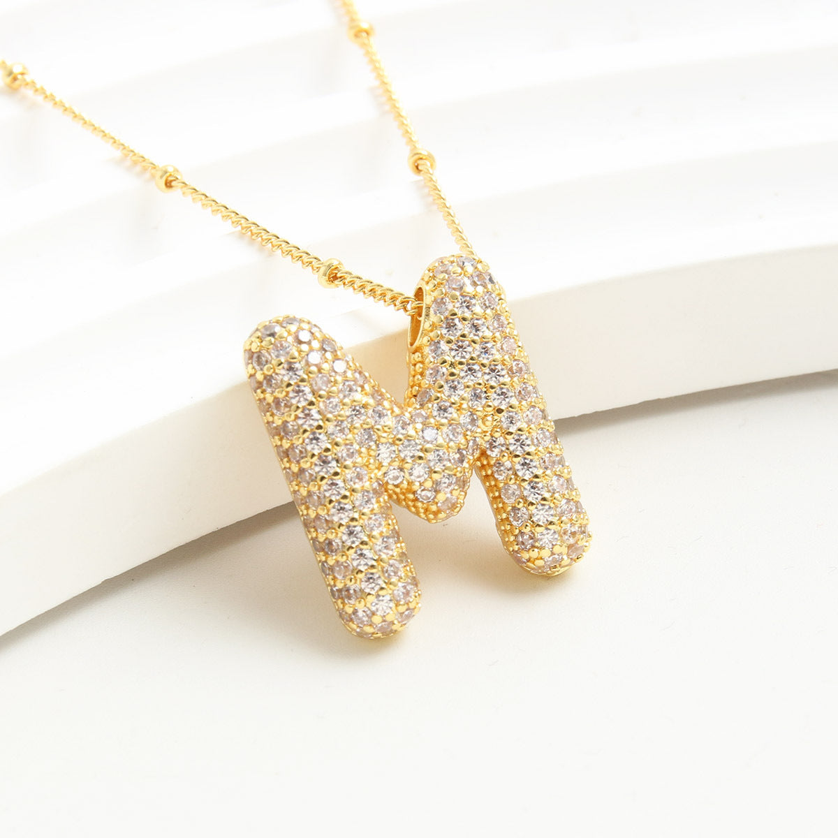 Bubble Initial Necklace 14k Gold Plated Cubic Zirconia