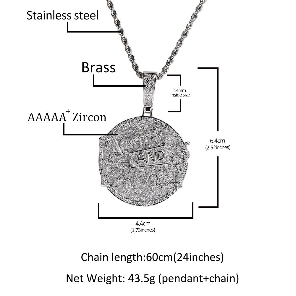 "Money and Family" letter pendant round disc necklace