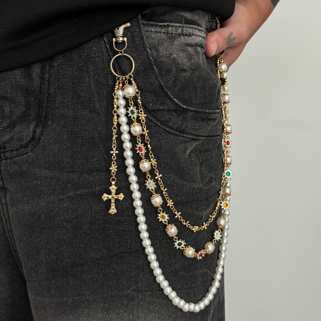 Pearl, Multi-Gemstone, Cross & Floral Pant Chain