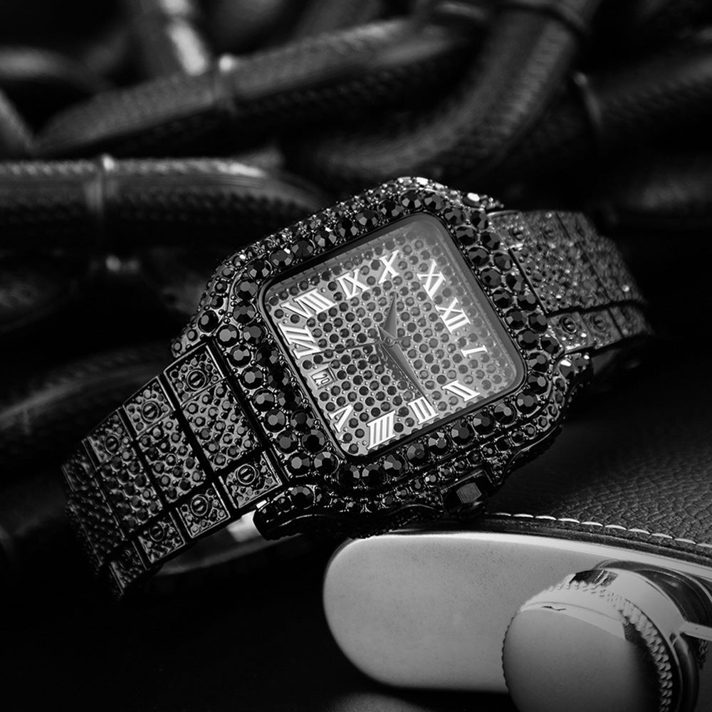 Hip-Hop Square Quartz Watch with Full Diamonds and Roman Markers