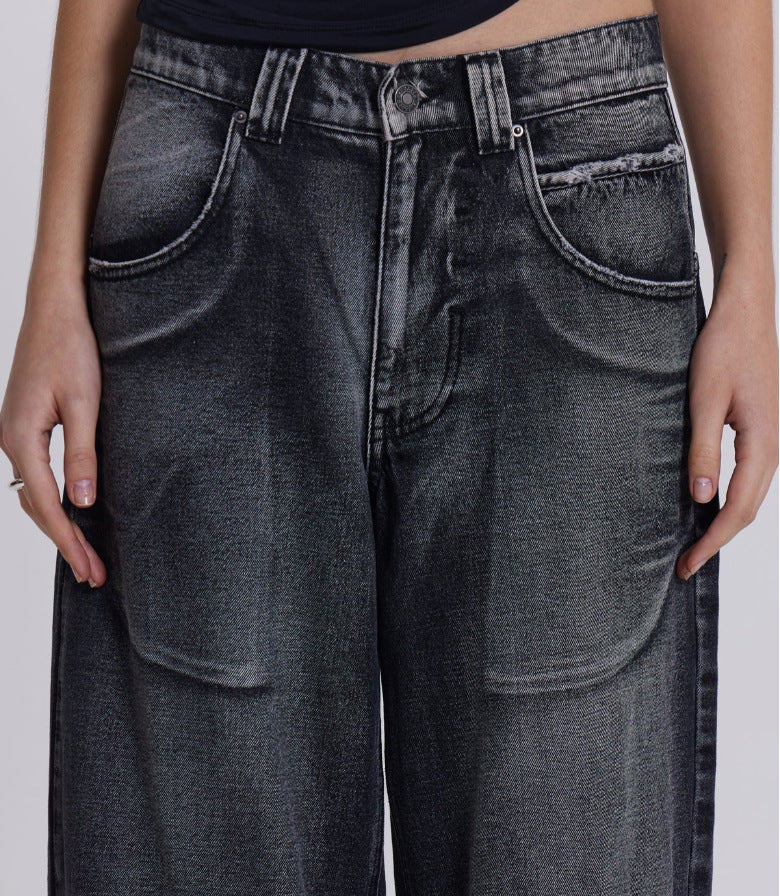 Washed & Distressed Wide-Leg Jeans with Gradient Wing Print