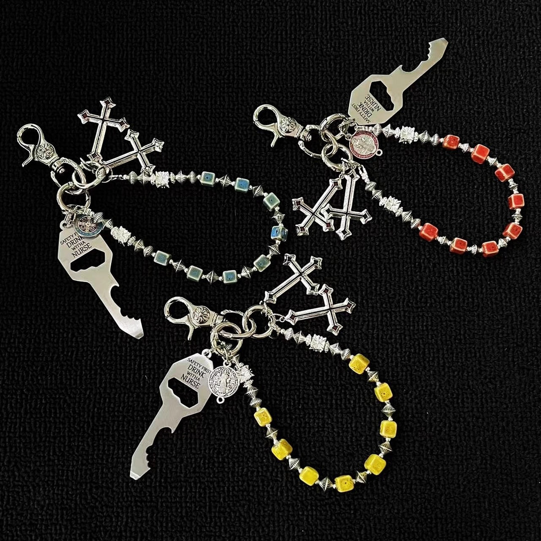 Vintage Blue Ceramic Bead Keychain with Cross Charms