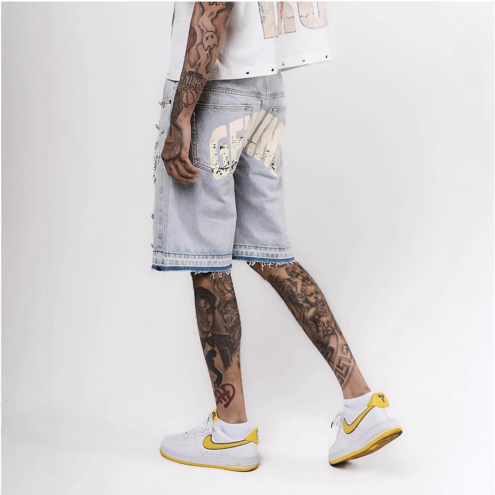 Hot-rhine cross five-point washed denim shorts