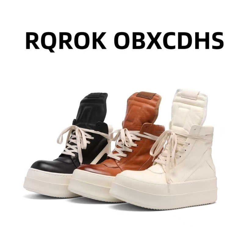 Genuine Cowhide, Round-Toe, Height-Increasing High-Top Shoes