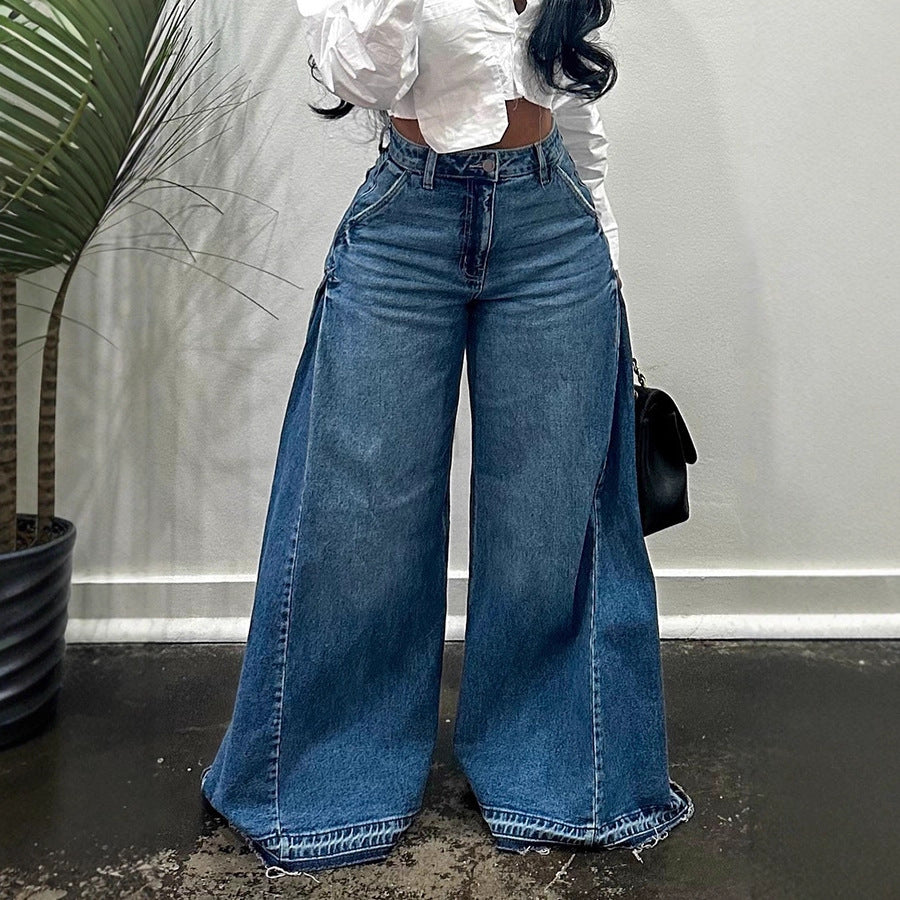 Washed wide-leg patchwork jeans for women