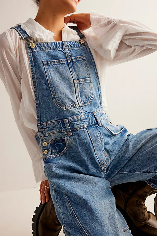 Washed Vintage, Loose-Fit, Straight-Leg Cargo Denim Overalls