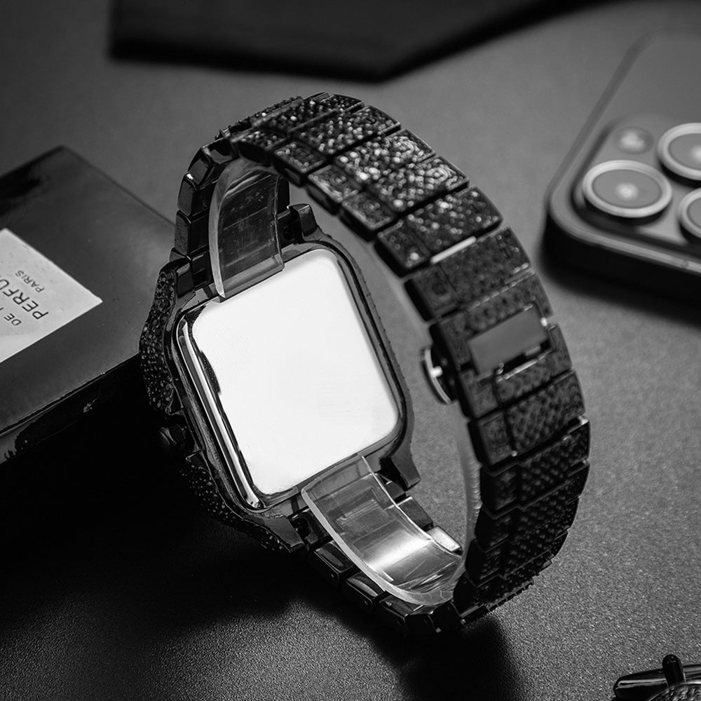 Hip-Hop Square Quartz Watch with Full Diamonds and Roman Markers