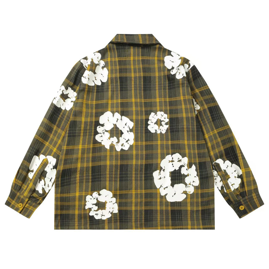 Kapok flower foam print plaid shirt set