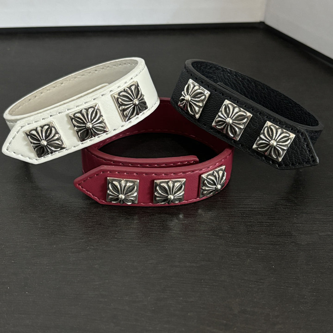 Chrome Hearts square cross adjustable leather bracelet