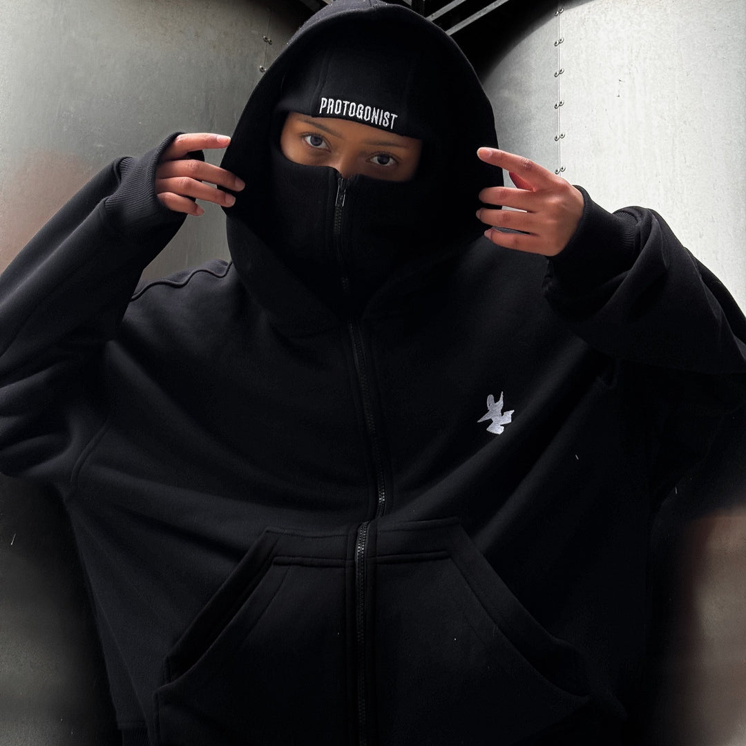Letter embroidered ninja mask double hooded sweatshirt