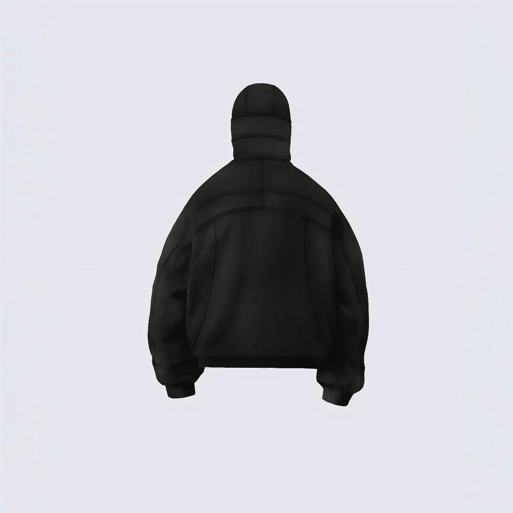 Single-hooded long zip-up hoodie with exposed eyes