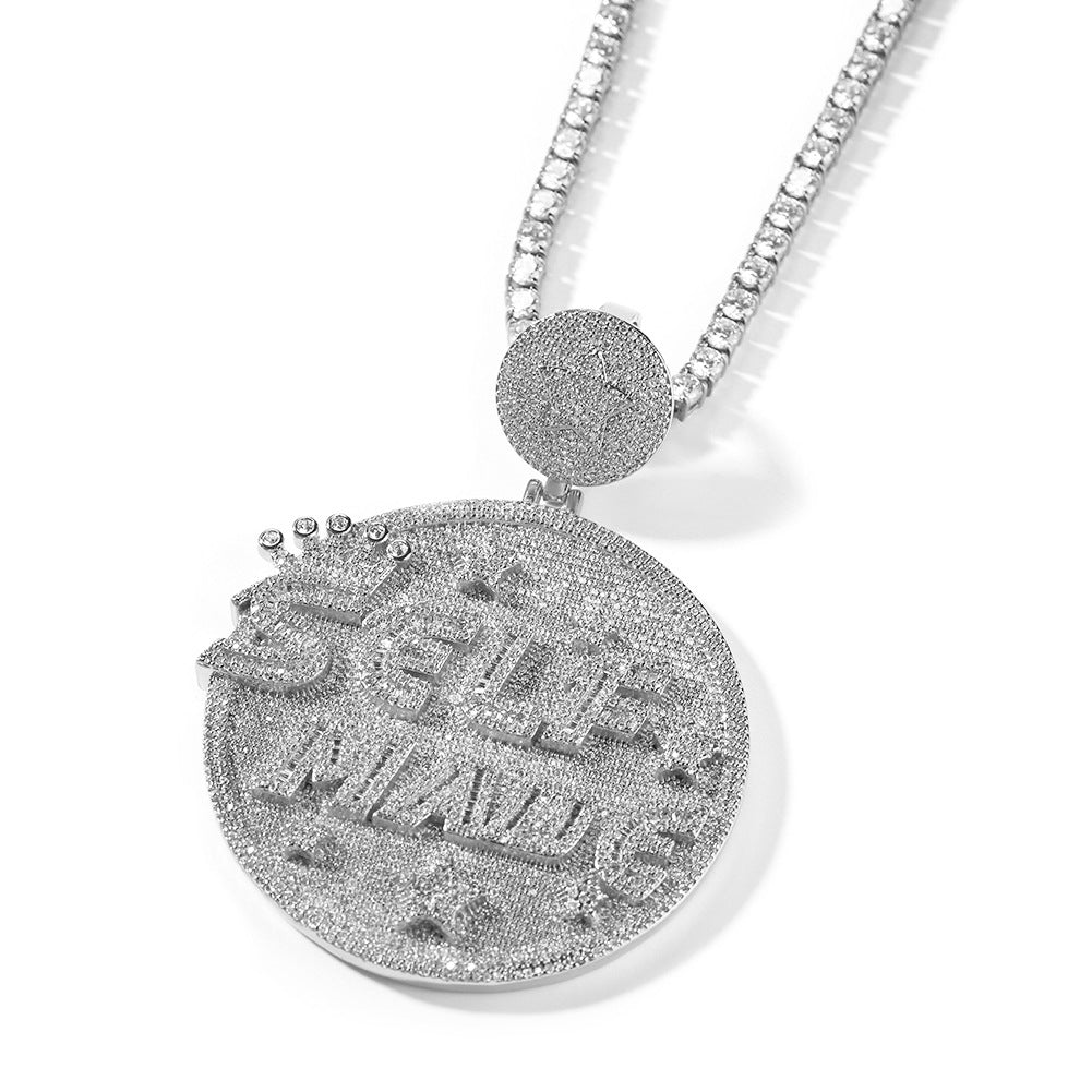 Self made hip-hop large diamond-encrusted disc necklace